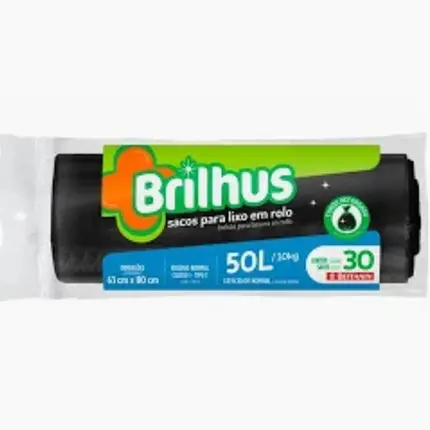Saco Para Lixo 50LT Preto Rolo com 30UN. BRILHUS